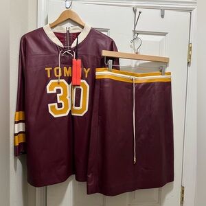 Tommy Hilfiger Runway Maroon and Mustard Leather Jersey and Skirt Set.Rare find